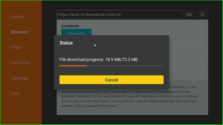 Kodi APK starts downloading