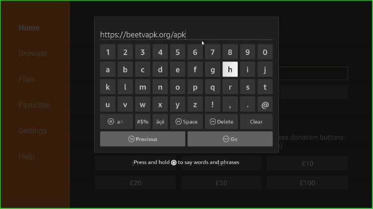 Type BeeTV apk URL