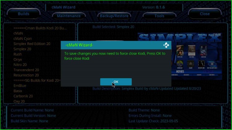 Click OK to force close Kodi
