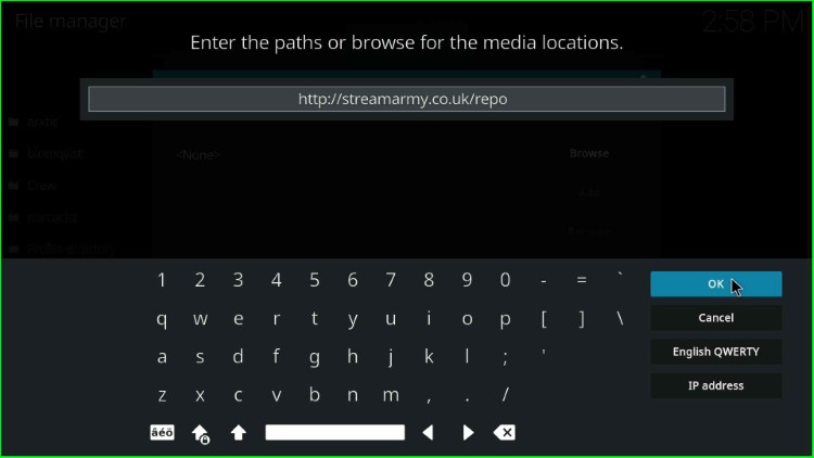 Enter Stream Army repo URL and tap OK