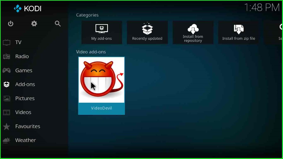 VideoDevil addon appear on the Kodi page