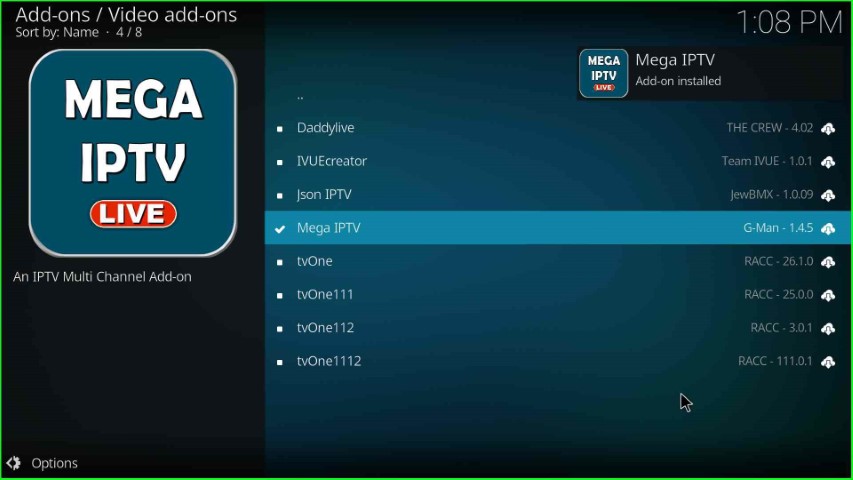 Wait for Mega IPTV addon installation